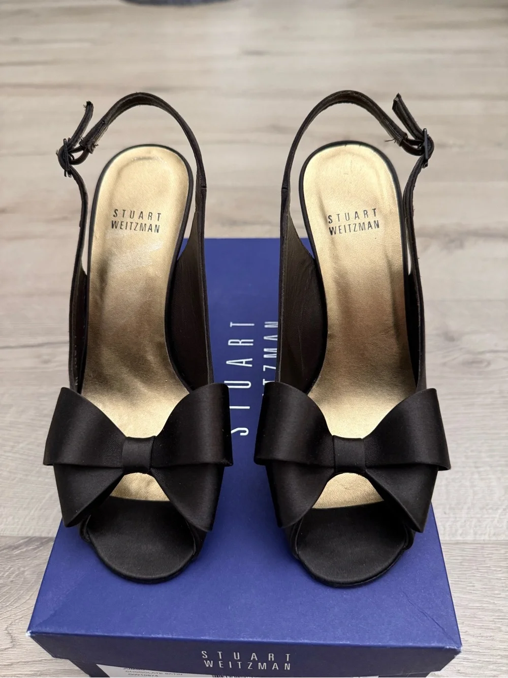 Stuart Weitzman Chocolate Satin Slingback Peep-Toe Heels with Bow
